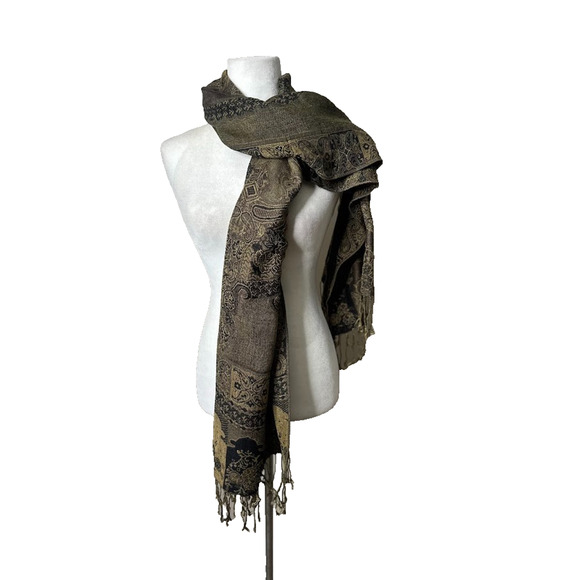 Pashmina Silk Pashmina Blend Gold Black Paisley Shawl Wrap Scarf 27 X 74 Fringe - Picture 2 of 9